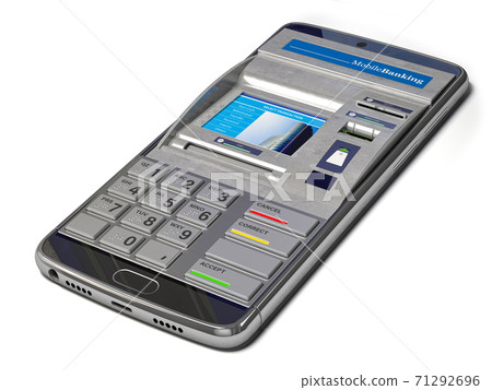 Mobile banking, online payments and digital financial services concept.Smartphone with ATM on screen. Mobile banking, online payments and digital financial services concept.Smartphone with ATM on screen. 71292696