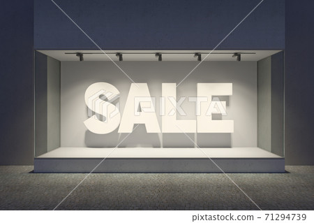 Shop showcase with sale banner in night, 3d rendering Shop showcase with sale banner in night, 3d rendering 71294739
