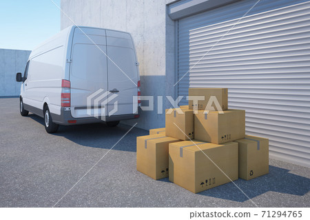 delivery van with a paper box near warehouse, 3d rendering 71294765