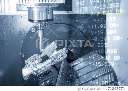 The abstract scene of 5 axis CNC milling machine cutting the aerospace part . The abstract scene of 5 axis CNC milling machine cutting the aerospace part . 71295771