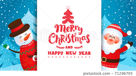 Invite or greeting card with Santa and snowman. 71296705