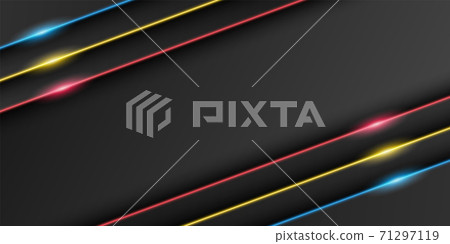 Abstract metallic black frame background, triangular overlap layer with red, yellow, blue light line, diagonal shape, dark minimal design with copy space, vector illustration 71297119