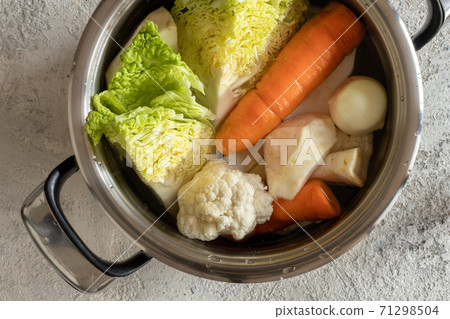 Savoy cabbage, celery root, carrots and other Ingredients for preparing a vegetable broth or soup Savoy cabbage, celery root, carrots and other Ingredients for preparing a vegetable broth or soup 71298504