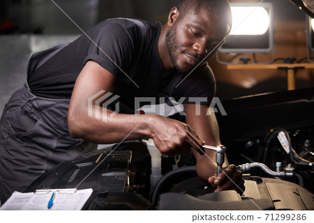 professional car mechanic is examining engine under the hood at auto repair shop professional car mechanic is examining engine under the hood at auto repair shop 71299286