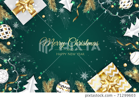 Christmas vector background. Creative design greeting card, banner, poster. Top view gift box, xmas decoration balls and snowflakes. 71299603