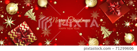 Christmas vector background. Creative design greeting card, banner, poster. Top view gift box, xmas decoration balls and snowflakes. Christmas vector background. Creative design greeting card, banner, poster. Top view gift box, xmas decoration balls and snowflakes. 71299606
