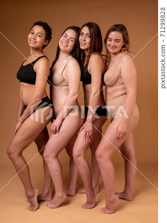 Beautiful fat girls in black lingerie on pink background. Body positive concept. Group of women with different body and ethnicity 71299828