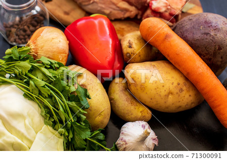 Traditional Ukrainian Russian borscht ingredients. Top view. Traditional Ukraine food cuisine Traditional Ukrainian Russian borscht ingredients. Top view. Traditional Ukraine food cuisine 71300091