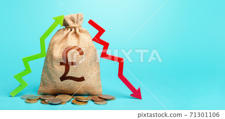 British pound sterling money bag and two arrows of profit loss. Income expense. Budget implementation. Debit and credit. Financial flows. Capital movement. Trade balance. Deposits or lending in banks. 71301106