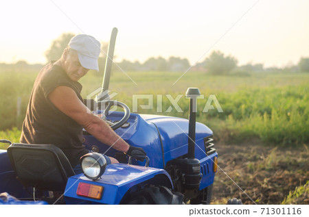 A farmer on a tractor drives across the farm field. Agricultural management skills and earthworks. Potato harvest campaign. Farming, agriculture. Harvesting potatoes in autumn. Countryside farmland. A farmer on a tractor drives across the farm field. Agricultural management skills and earthworks. Potato harvest campaign. Farming, agriculture. Harvesting potatoes in autumn. Countryside farmland. 71301116