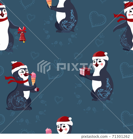 Seamless pattern with funny penguins. The set includes a gift box, lollipop. Snowflakes on a dark background. Beautiful background for printing on fabric and paper. 71301262