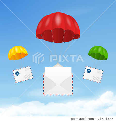 Vector 3d Realistic Flying Parachutes with Paper Envelopes on Blue Sky Background. delivery and Post Concept. Design Template for E-Commerce, Web Banner 71301377