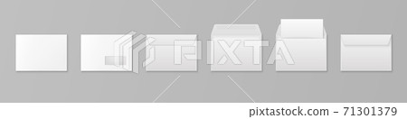 Vector 3d Realistic White Paper Blank Envelope with Letter Sheet and Window Isolated. C5, C6, A6, C6, A5, C5 Size. Design Template for Mockup. Opened and Closed. Top or Front View 71301379