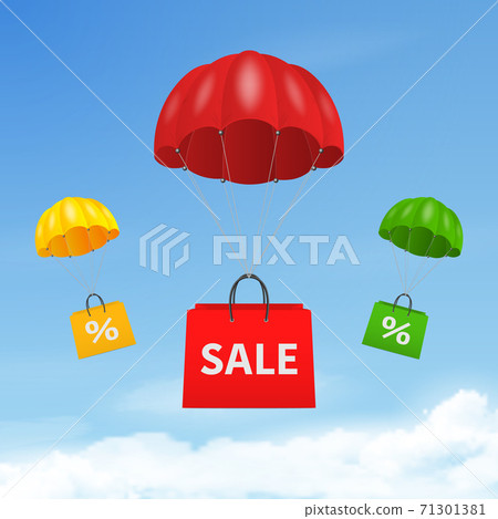 Vector 3d Realistic Flying Parachute with Paper Shopping Bag on Blue Sky Background. Sale Concept. Design Template for Delivery Services, Post, E-Commerce, Web Banner Vector 3d Realistic Flying Parachute with Paper Shopping Bag on Blue Sky Background. Sale Concept. Design Template for Delivery Services, Post, E-Commerce, Web Banner 71301381