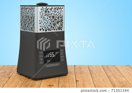 Ultrasonic humidifier on the wooden planks, 3D rendering Ultrasonic humidifier on the wooden planks, 3D rendering 71301384
