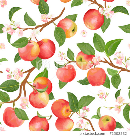 Boho botanical apple seamless pattern. Vector autumn fruits, flowers, leaves texture. Summer floral background 71302282