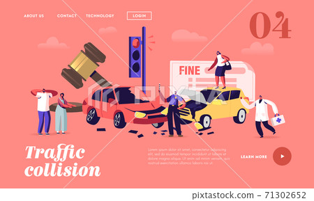 Car Accident on Road Landing Page Template. Driver Characters Stand on Roadside with Broken Automobiles, City Traffic 71302652