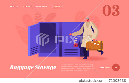 Male Character Bring Luggage to Storage Landing Page Template. Bags Repository Service, Lockers in Airport, Keep Baggage Male Character Bring Luggage to Storage Landing Page Template. Bags Repository Service, Lockers in Airport, Keep Baggage 71302688