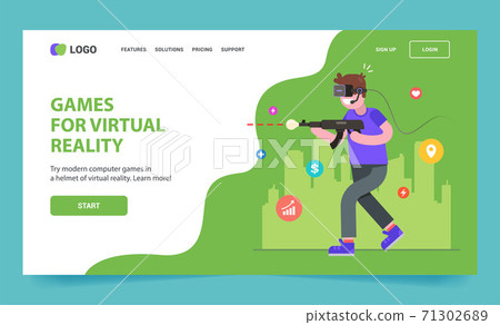 landing page for virtual reality glasses. the guy is playing a shooter.  71302689