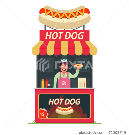 a hot dog stall with a cheerful seller inside. street fast food.  71302749