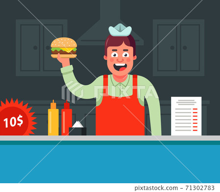 joyful seller has prepared a hamburger and is selling it.  71302783