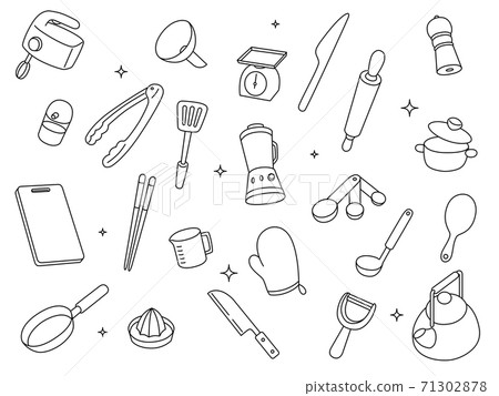 日用品，插圖，yakan，筷子，手套，鉗子，攪打機，胡椒磨，麵條，測量儀器，切菜板等。 71302878