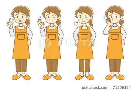 Apron housewife facial expression pose illustration set / white background 71306334