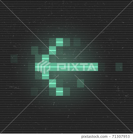 Retrofuturistic glitch left arrow. Green glowing digital pointer. 8 bit pixel arrow. Cyberpunk glowing design element for poster, flyer, cover, banner, web, games. Vector Retrofuturistic glitch left arrow. Green glowing digital pointer. 8 bit pixel arrow. Cyberpunk glowing design element for poster, flyer, cover, banner, web, games. Vector 71307953