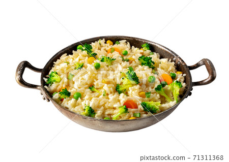 Vegetable rice in a pan, isolated on a white background with a clipping path. Broccoli, green peas, and carrots Vegetable rice in a pan, isolated on a white background with a clipping path. Broccoli, green peas, and carrots 71311368