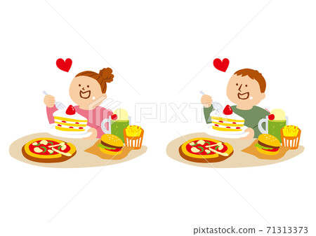 Illustration of a person eating a high-calorie meal 71313373
