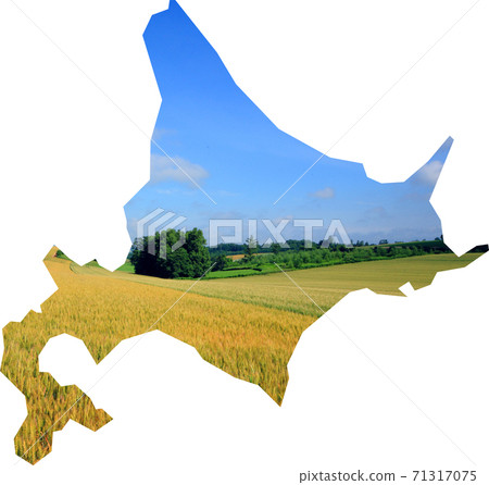 北海道的地圖地形形狀的宏偉的麥田和藍天的照片|農業旅遊圖像縣地圖 71317075