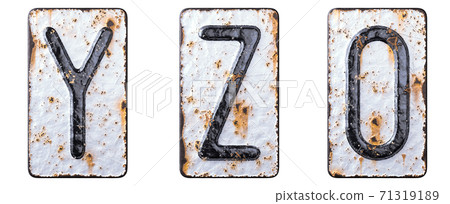 3D render set of capital letters Y, Z and number 0 made of forged metal on the background fragment of a metal surface with cracked rust. 71319189