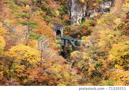 Autumn of Michinoku Miyagi Autumn leaves of Naruko Gorge JR Rikuuto Line railway bridge 71320551
