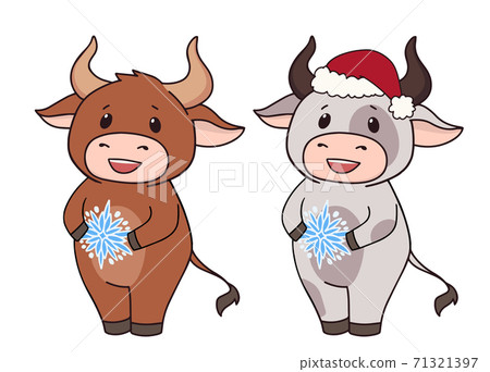 Set of two cartoon cow wearing Christmas costume and holding snowflake. Set of two cartoon cow wearing Christmas costume and holding snowflake. 71321397