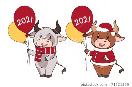 Set of two cartoon cow wearing Christmas costume and holding balloons. Set of two cartoon cow wearing Christmas costume and holding balloons. 71321399
