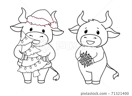 Set of two cartoon cow wearing Christmas costume. Contour vector illustration for children coloring book. Set of two cartoon cow wearing Christmas costume. Contour vector illustration for children coloring book. 71321400