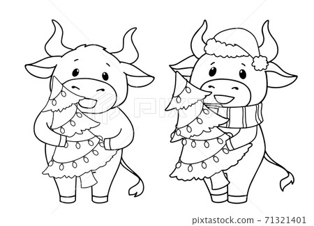 Set of two cartoon cow wearing Christmas costume. Contour vector illustration for children coloring book. Set of two cartoon cow wearing Christmas costume. Contour vector illustration for children coloring book. 71321401