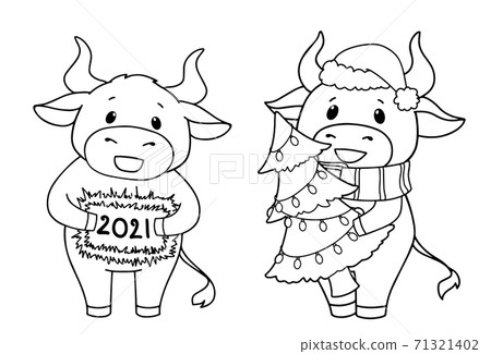Set of two cartoon cow wearing Christmas costume. Contour vector illustration for children coloring book. Set of two cartoon cow wearing Christmas costume. Contour vector illustration for children coloring book. 71321402