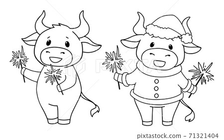 Set of two cartoon cow wearing Christmas costume. Contour vector illustration for children coloring book. Set of two cartoon cow wearing Christmas costume. Contour vector illustration for children coloring book. 71321404