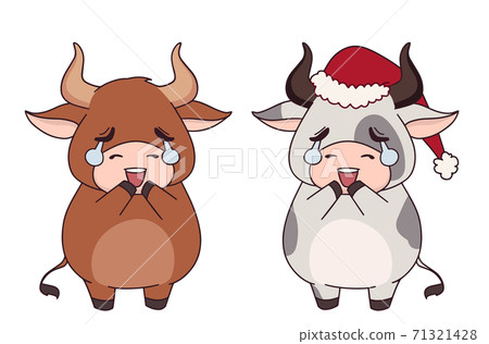 Set of two funny little cow wearing Christmas hat and scarf. 71321428