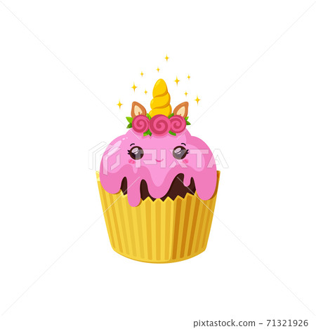 Unicorn cupcake with pink icing. Kawaii muffin in paper cup. Tasty dessert with horn and ears. Vector illustration in cute cartoon style 71321926