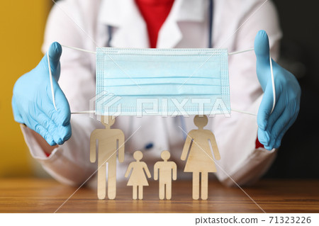 Doctor puting on protective medical mask on wooden men close-up Doctor puting on protective medical mask on wooden men close-up 71323226