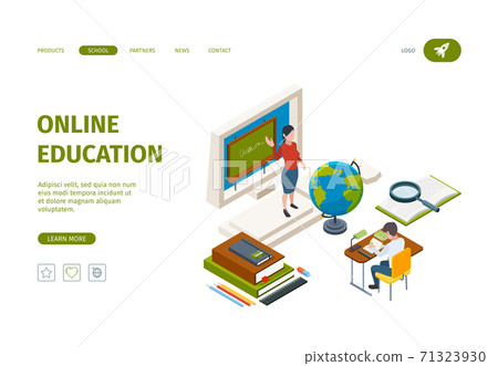 Online education landing. Knowledge learning processes training processes distance courses for student vector isometric web page template Online education landing. Knowledge learning processes training processes distance courses for student vector isometric web page template 71323930