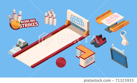 Bowling isometric. Sport leisure fun club for bowling players balls shoes skittles trophy cup vector set Bowling isometric. Sport leisure fun club for bowling players balls shoes skittles trophy cup vector set 71323933