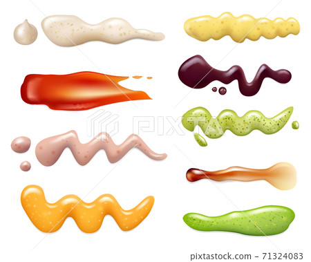 Sauce splashes. Liquid tomato for barbeque curry delicious food ingredients mayonnaise vector realistic templates set 71324083