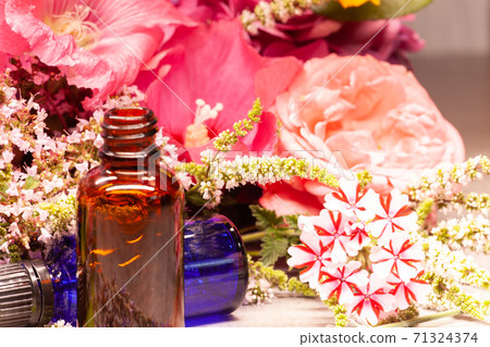 flowers and bottles of essential oils for aromatherapy 71324374