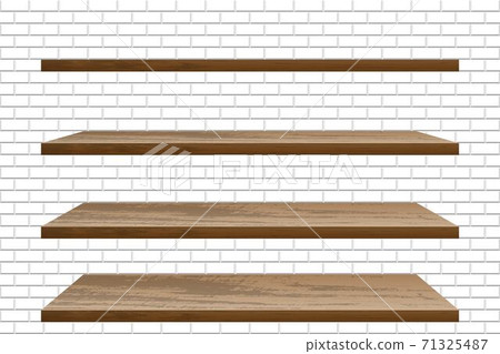 Realistic empty wooden shelf on brick wall Realistic empty wooden shelf on brick wall 71325487