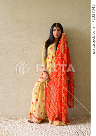 Portrait of beautiful young woman wearing traditional Indian dress 71327349