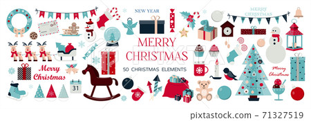 Huge set of Christmas icons and elements. Fifty Christmas images for decorating cards, ads, banners, flyers, and invitations. Cute illustrations in flat design for Christmas eve and new year 71327519