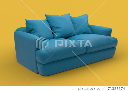 Emerald couch with pillows on studio yellow background. Emerald couch with pillows on studio yellow background. 71327674